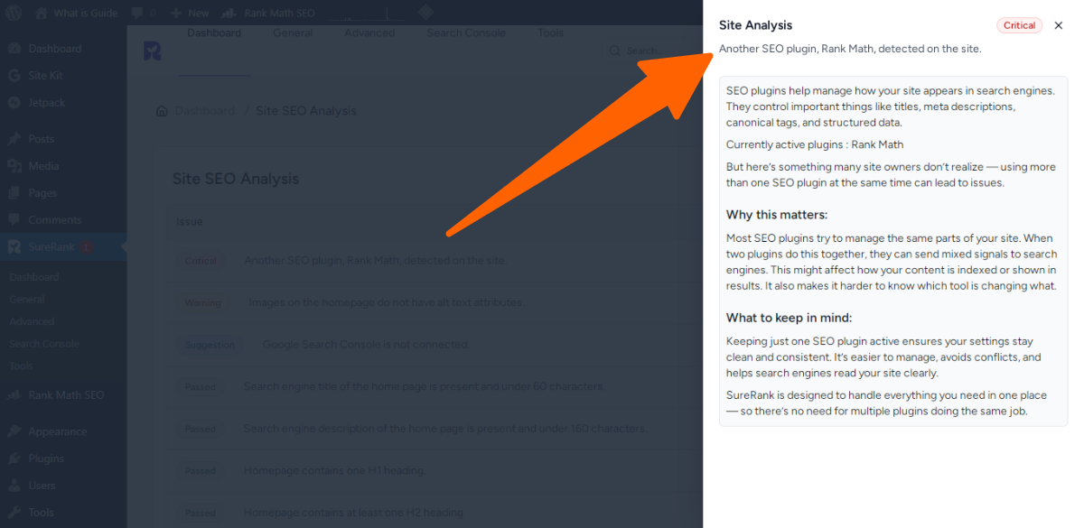 01. Another SEO plugin, Rank Math, detected on the site - analyzer in sure rank