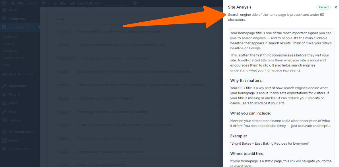 04. Search engine title of the home page is present and under 60 characters - site seo analyzer in sure rank