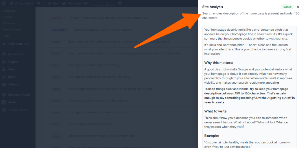 05. Search engine description of the home page is present and under 160 characters - site seo analyzer in sure rank (1)
