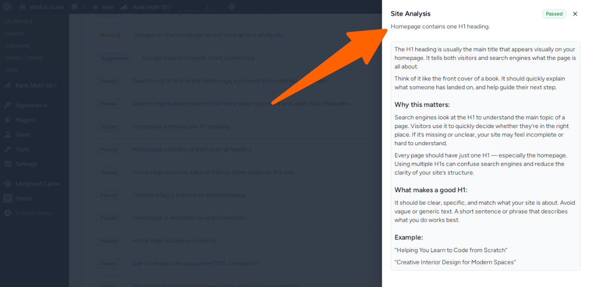 06. Homepage contains one H1 heading - site seo analyzer in sure rank