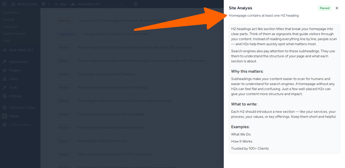 07. Homepage contains at least one H2 heading - site seo analyzer in sure rank