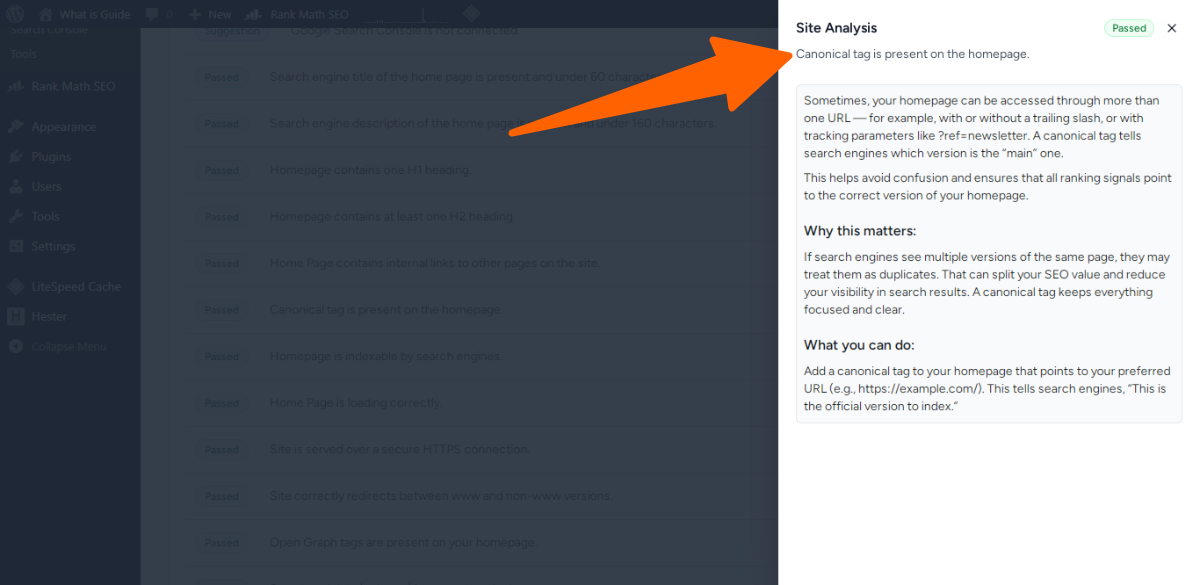 09. Canonical tag is present on the homepage - site seo analyzer in sure rank