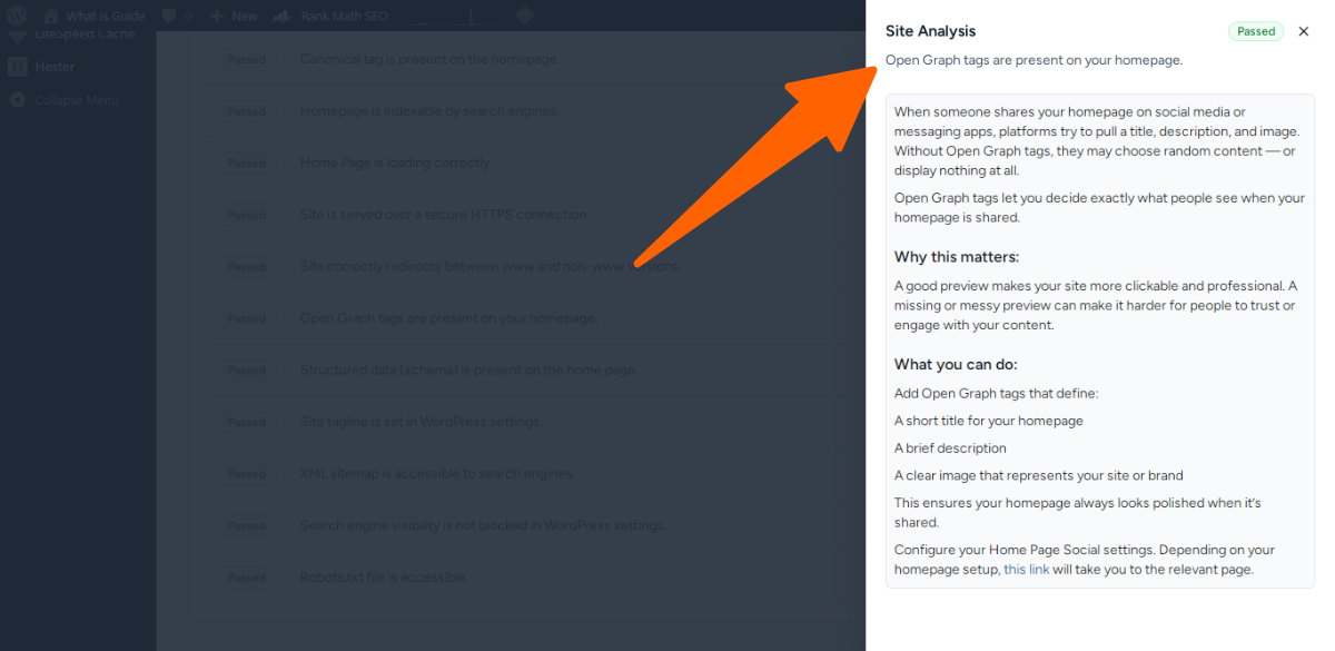 14. Open Graph tags are present on your homepage - site seo analyzer in sure rank
