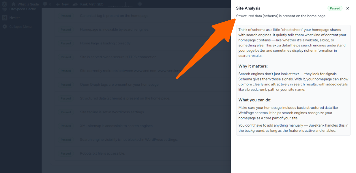 15. Structured data (schema) is present on the home page - site seo analyzer in sure rank