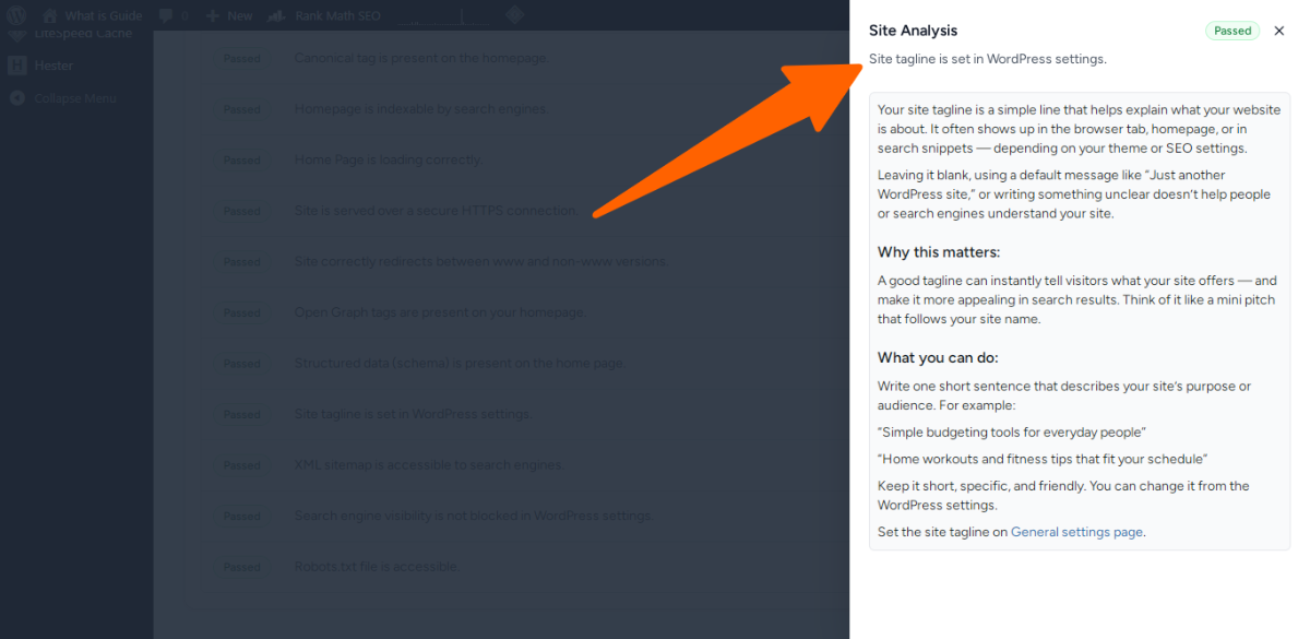 16. Site tagline is set in WordPress settings - site seo analyzer in sure rank