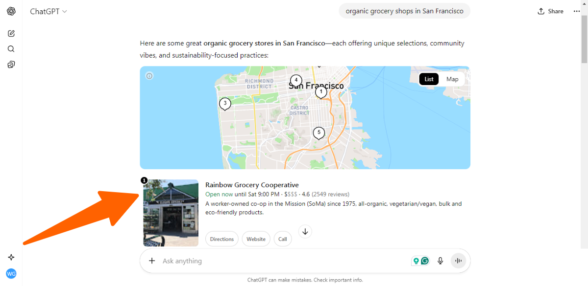 Map highlighting organic grocery stores - Ai Search Optimization with ChatGPT