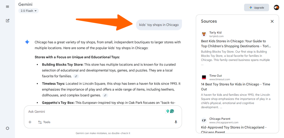 Gemini - AI search Optimization - kids’ toy shops in Chicago