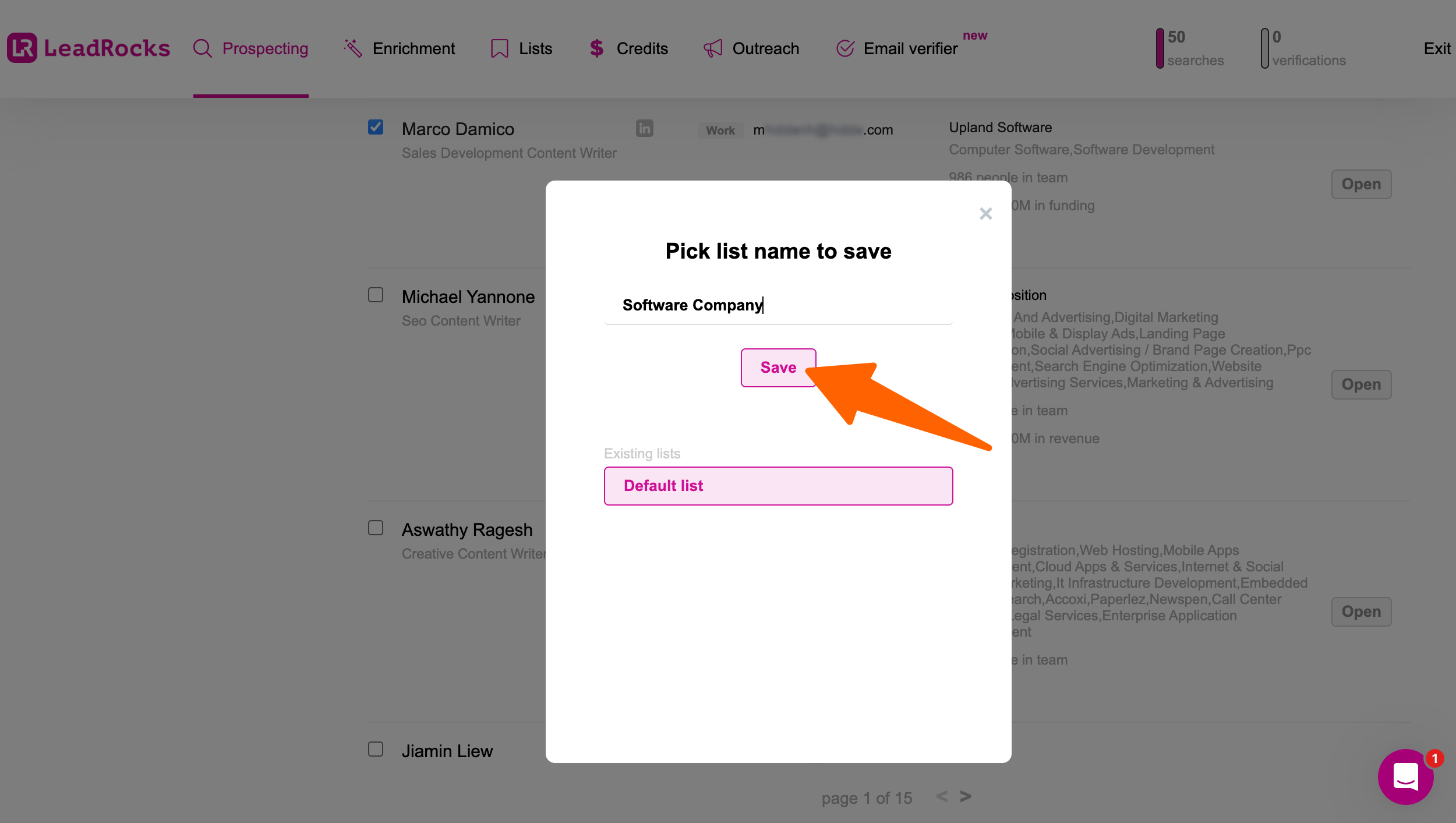 Save list for Prospecting on LeadsRock - Get Email From LinkedIn Free