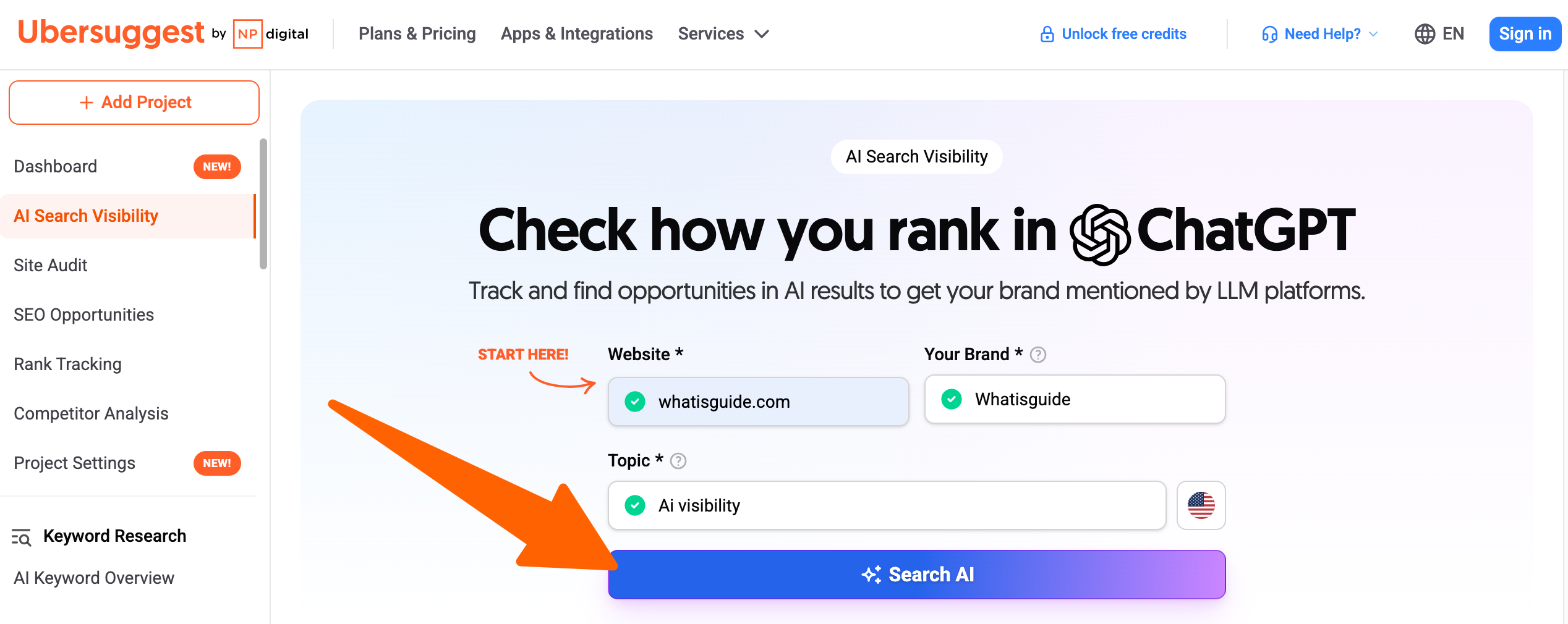 Ubersuggest AI Visibility for Tracking Brand mentions in ChatGPT or Gemini
